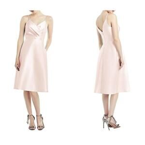 Alfred Sung Draped Faux Wrap Sateen Cocktail Dress V-Neck Blush Size 14 NWT